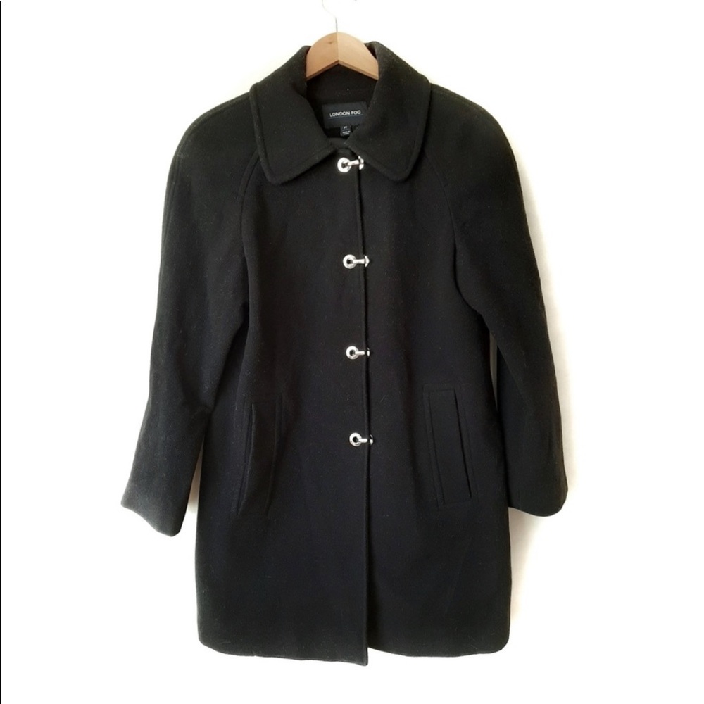 London Fog Black Wool Mid Length 4 Hook Coat